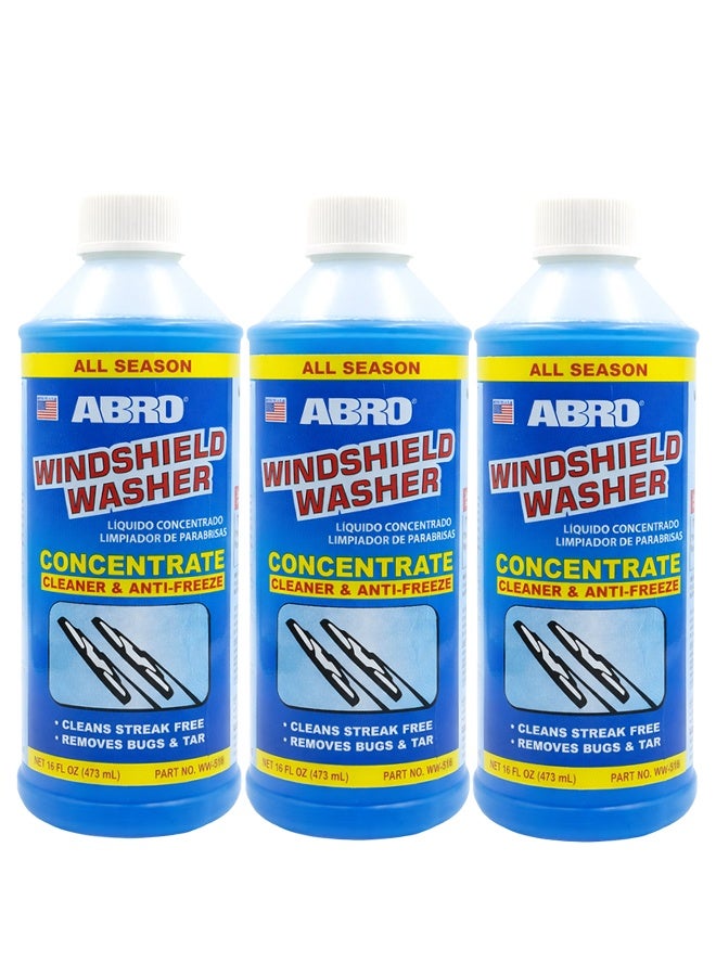 أبرو مجموعة ABRO ثلاثية القطع من سائل غسيل الزجاج الأمامي المركز ومضاد التجمد، سعة 473 مل، سائل تنظيف زجاج خالٍ من الخطوط، يزيل الحشرات والغبار والقطران وبقايا الطريق، سائل غسيل لجميع الفصول - WW-516 - Image 1